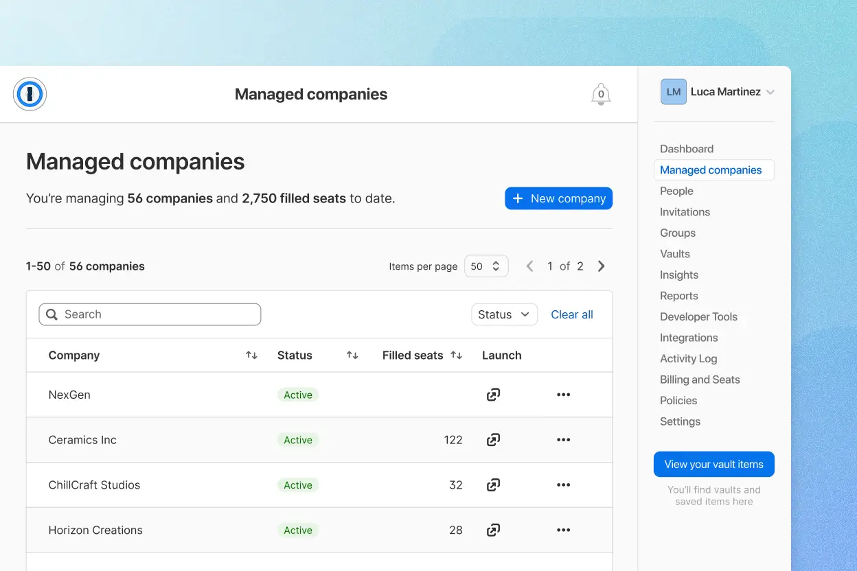 1Password MSP admin console showing managed companies